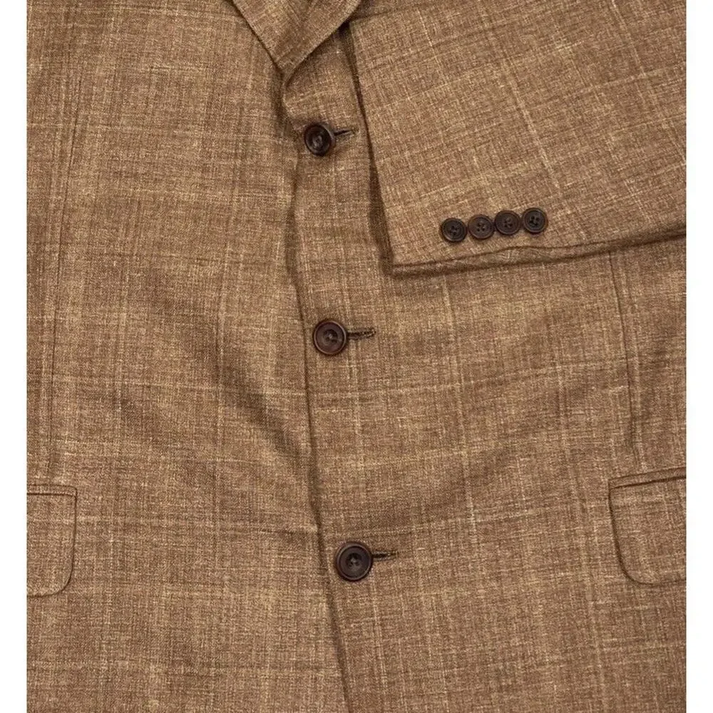 Hickey Freeman Mens Silk Linen Wool Plaid Blazer 44L Brown Sport Coat Jacket